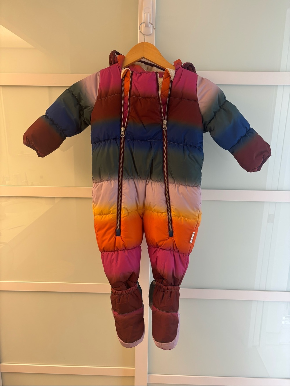 Molo Gradient Multicolor Puffer Snowsuit - Pink, Orange, Blue, Green